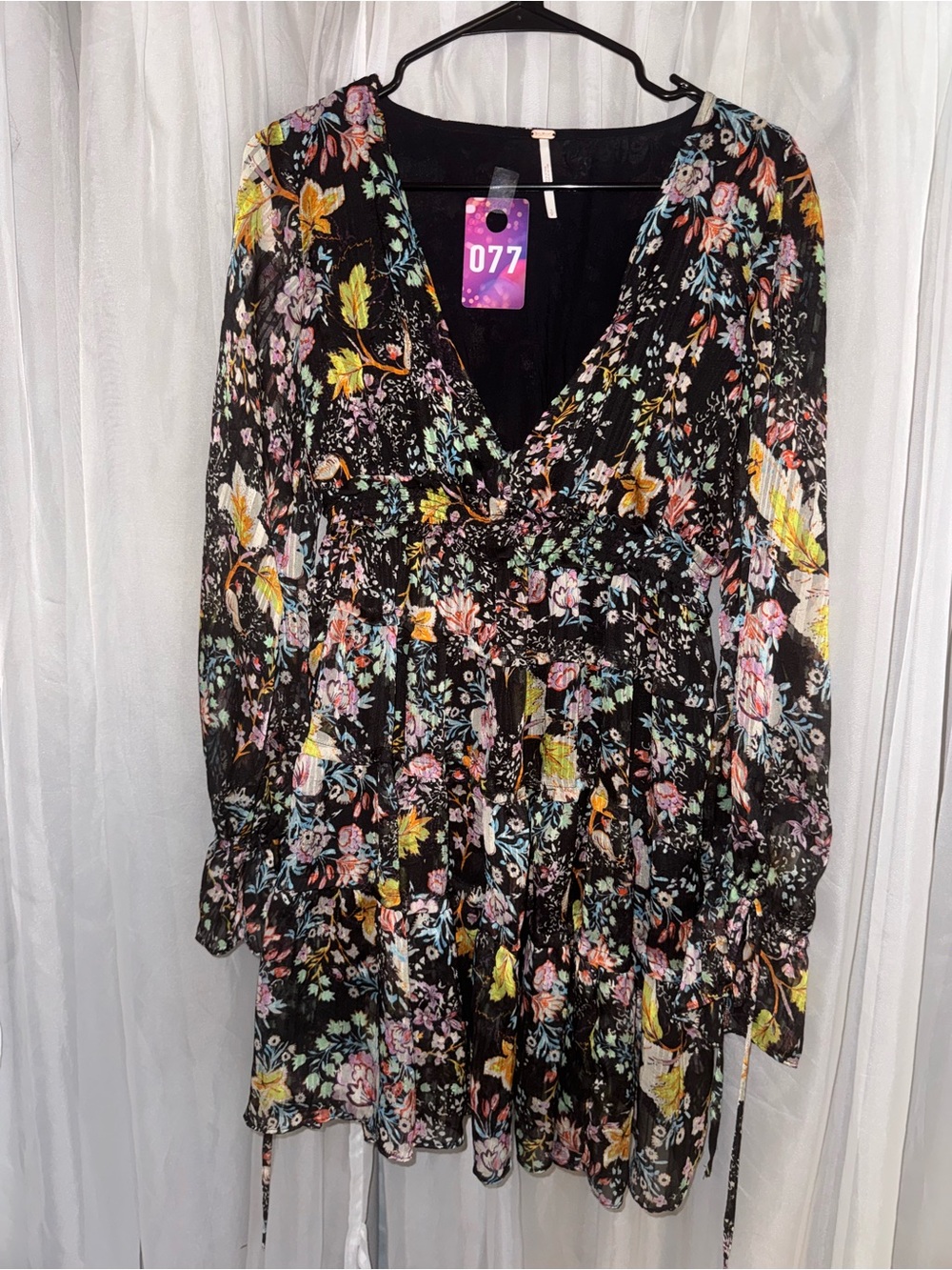 Free People Black Floral V-Neck Long Sleeve Mini Dress